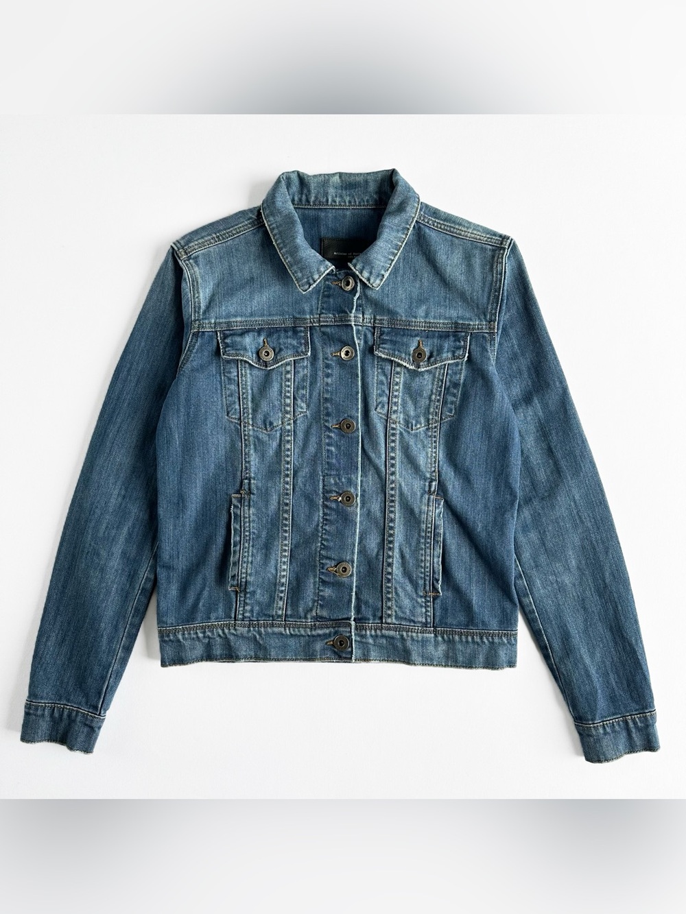 Articles Of Society Medium Wash Blue Denim Trucker Jacket Adjustable Waist